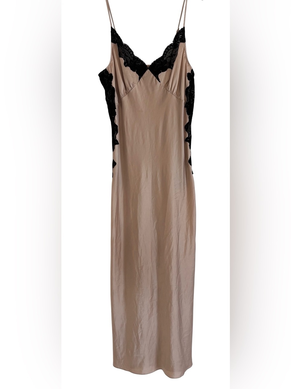 Neiman Marcus Pinky Taupe Color Slip Dress with Black Lace Trim